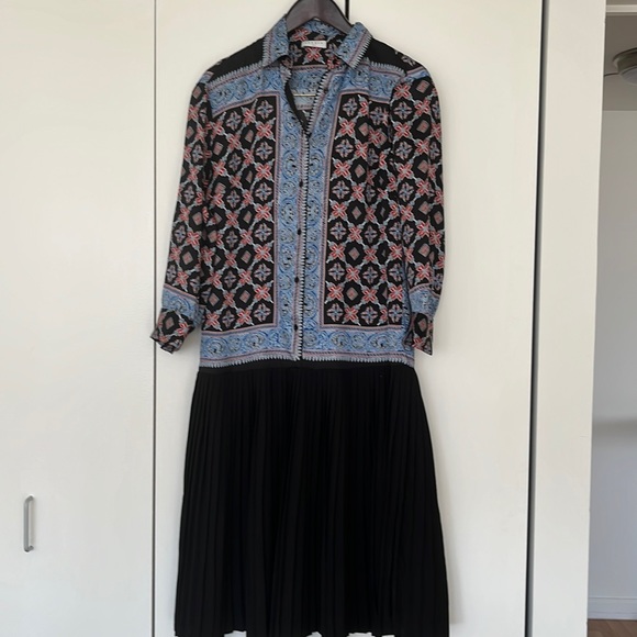 Sandro Dresses & Skirts - Sandro Black Pleated Skirt Dress with Blue and Pink Printed Bodice